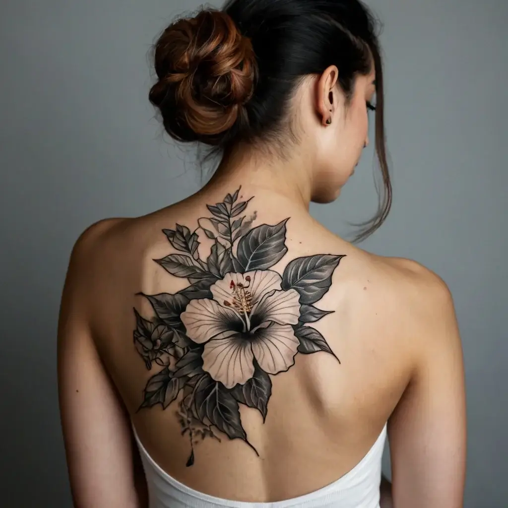 Detailed hibiscus tattoo with lush leaves on the back, showcasing delicate shading and intricate floral design.