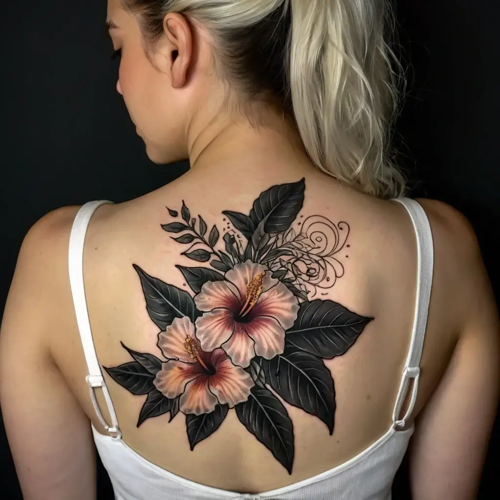 Back tattoo of realistic hibiscus flowers with dark leaves and decorative swirls enhancing the floral design.