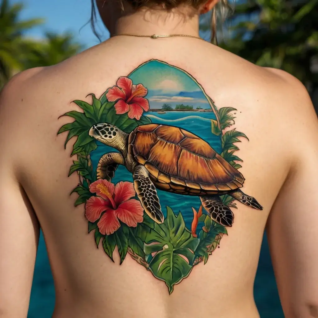 Sea turtle surrounded by hibiscus flowers and tropical scenery on the back, symbolizing nature and serenity.