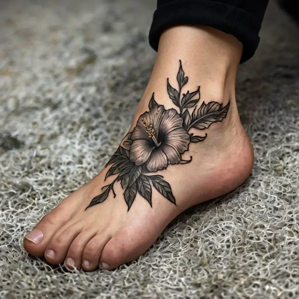 Black and gray hibiscus flower tattoo with detailed leaves on the foot, showcasing intricate shading and bold outlines.