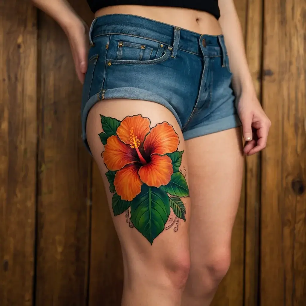 Vibrant orange hibiscus tattoo with lush green leaves on the thigh, showcasing detailed shading and bold color contrast.