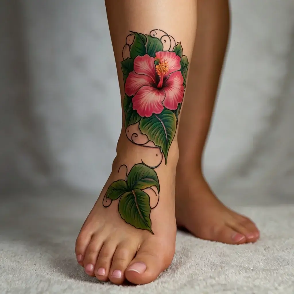 A vibrant hibiscus flower tattoo with green leaves and swirling accents wraps elegantly around the ankle and foot.