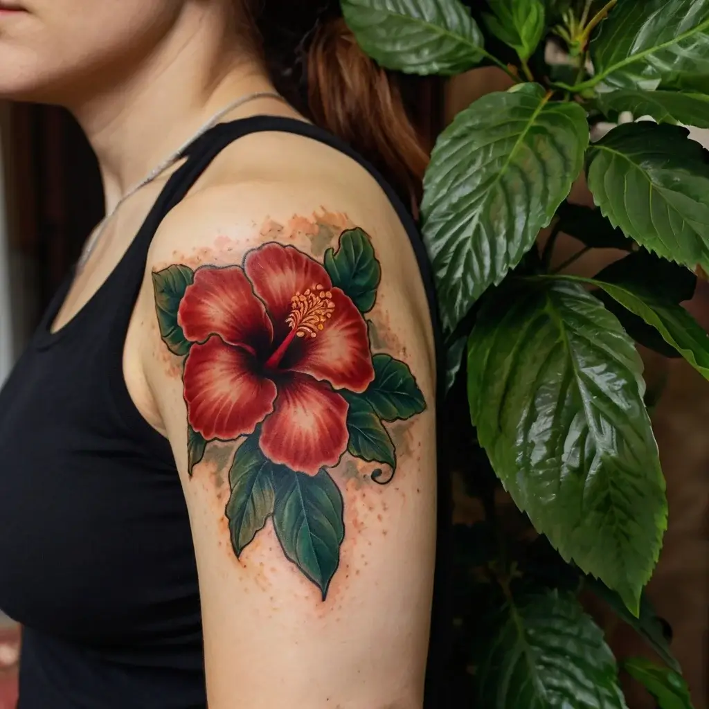 A vivid hibiscus tattoo on a shoulder, featuring red petals with yellow stamen and rich green leaves, creating a lifelike appearance.