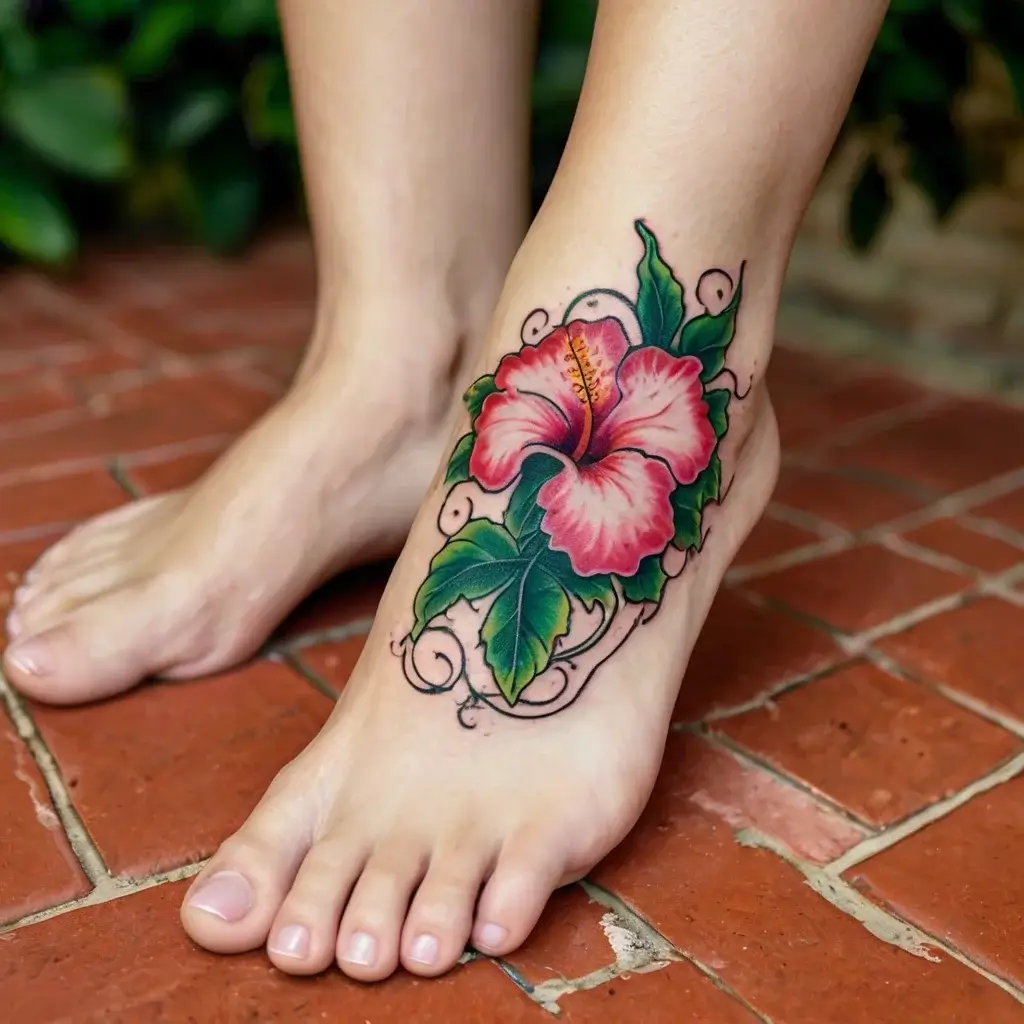 Vibrant hibiscus tattoo with pink petals and lush green leaves, accented by elegant black swirls on the foot.