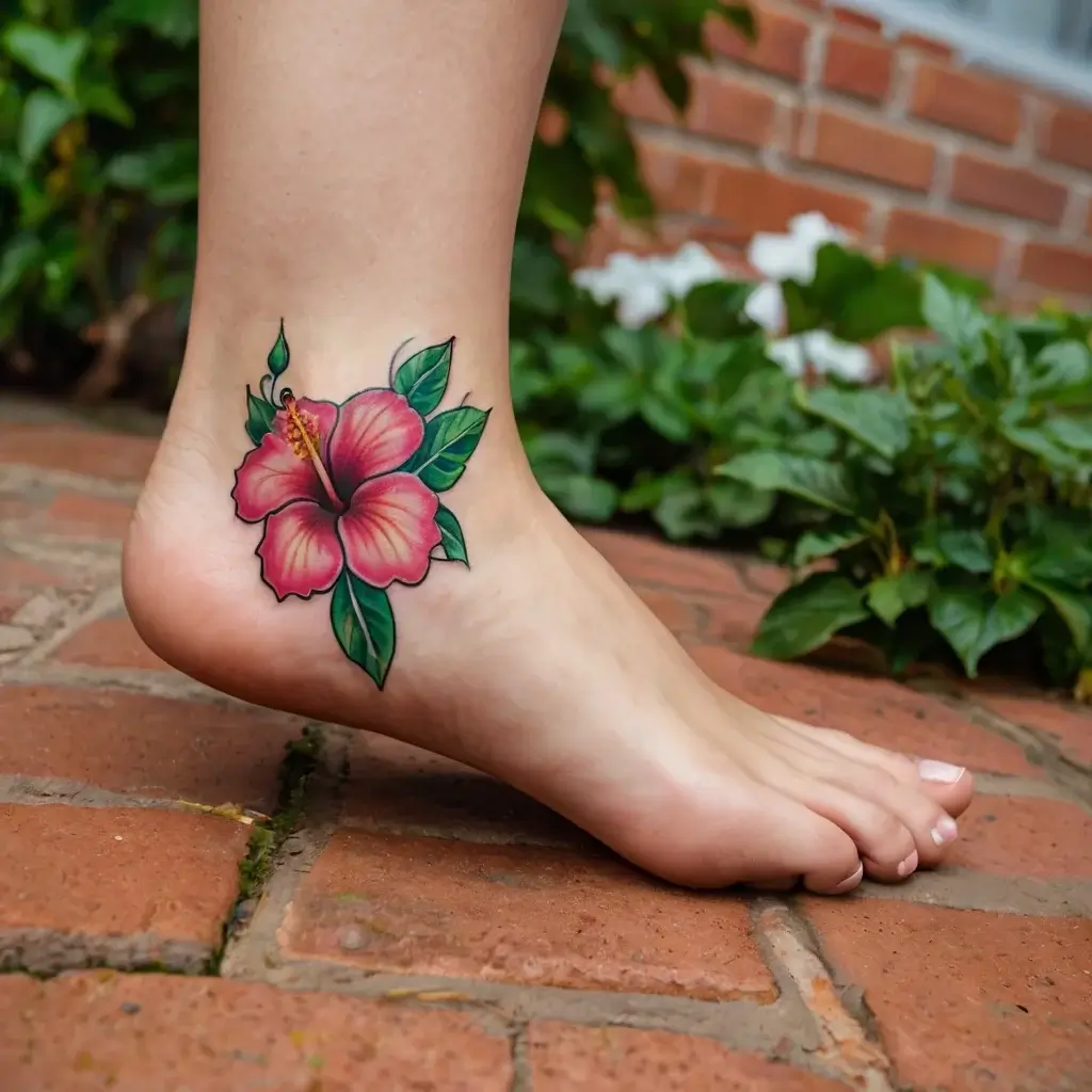 Tattoo of a vibrant pink hibiscus flower with green leaves on an ankle, showcasing bold outlines and shading.