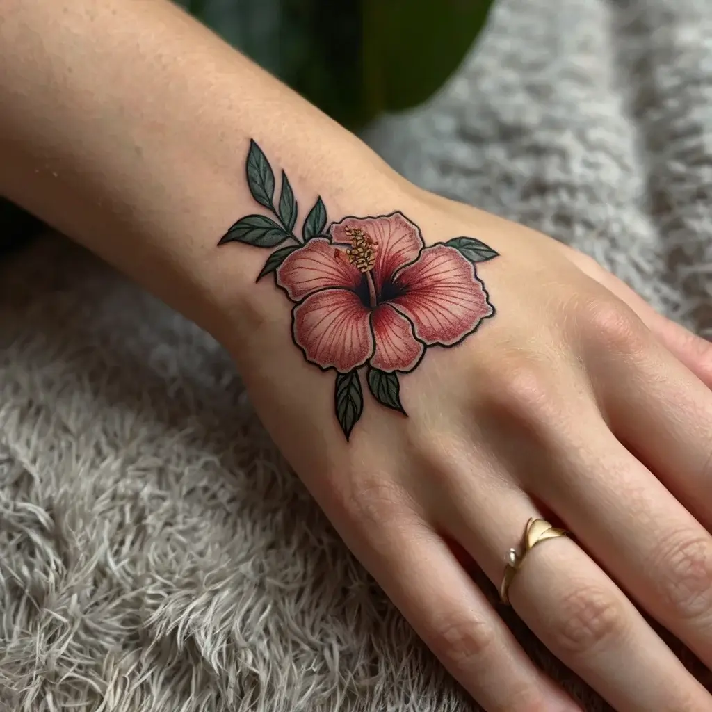 Realistic hibiscus tattoo on hand: pink petals with dark outlines, green leaves, detailed stamen in center.