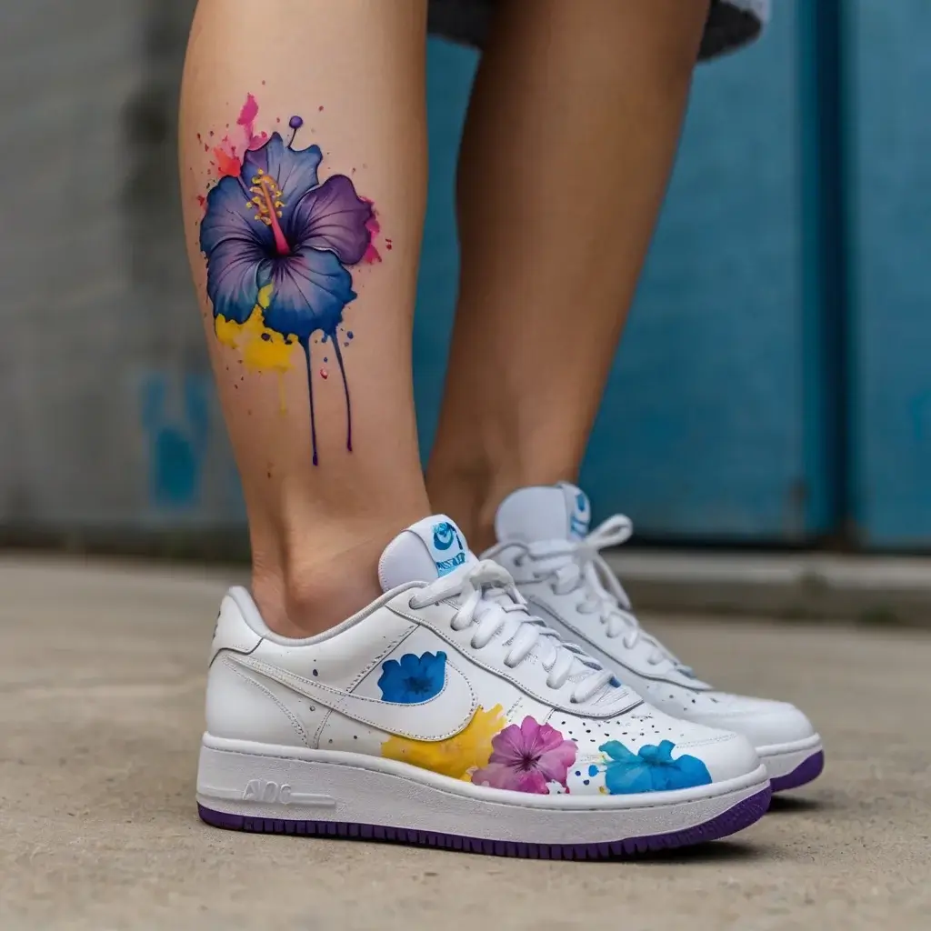 Watercolor hibiscus tattoo with blue and purple petals, yellow accents, and ink splatters for a vibrant, artistic effect.