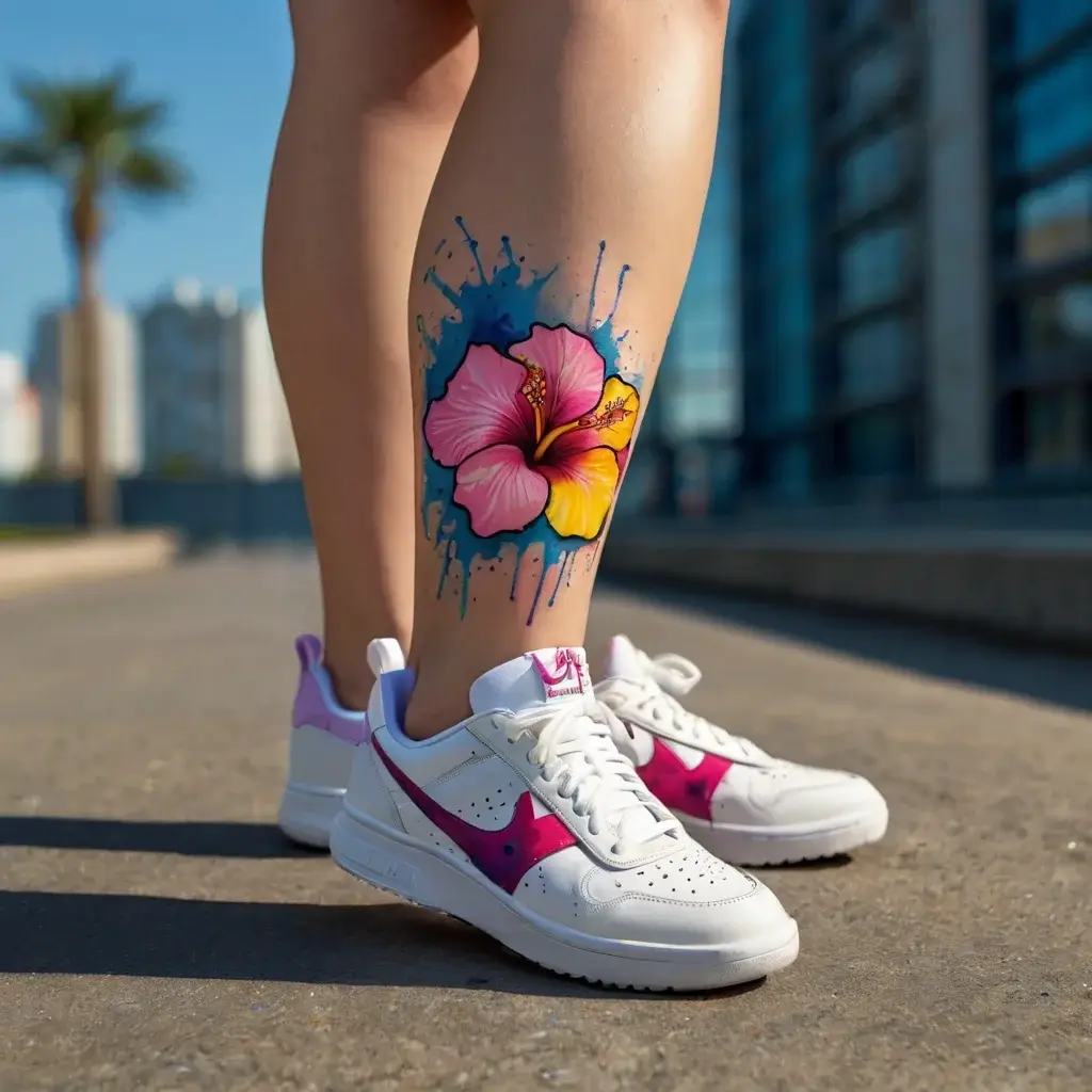 A vibrant pink and yellow hibiscus tattoo with a blue watercolor splash background adorns the calf.