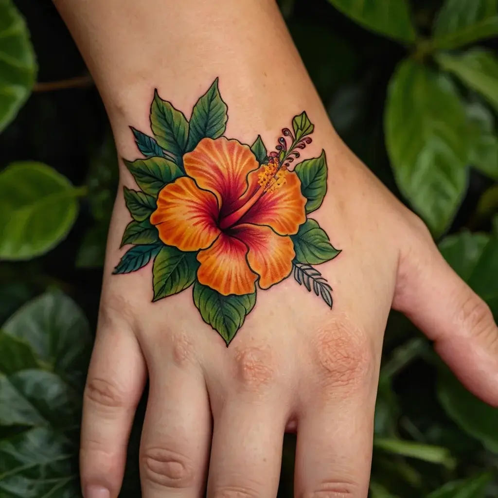 Bold hand tattoo of a vibrant orange hibiscus flower with lush green leaves, showcasing intricate detail and vivid color.