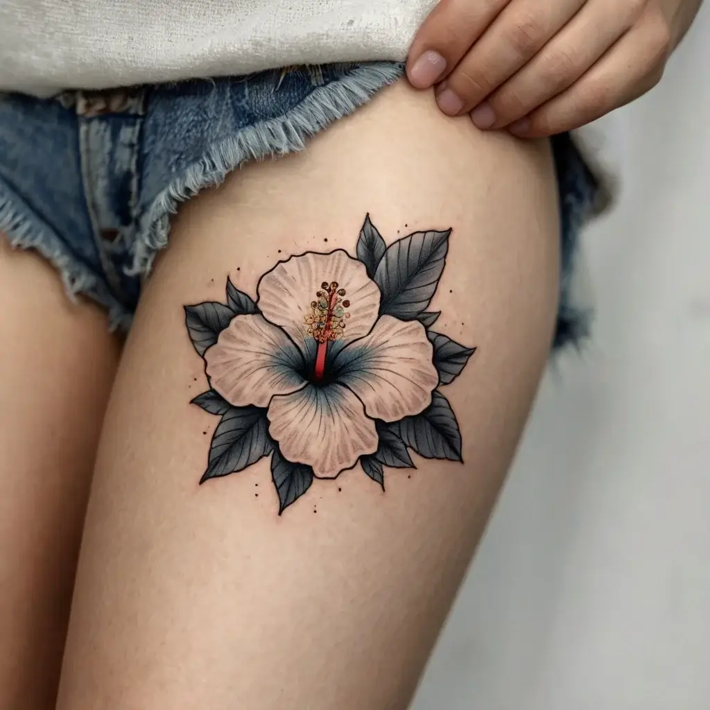 A realistic hibiscus tattoo with delicate pink petals and dark shading, enhanced by detailed green leaves on the thigh.