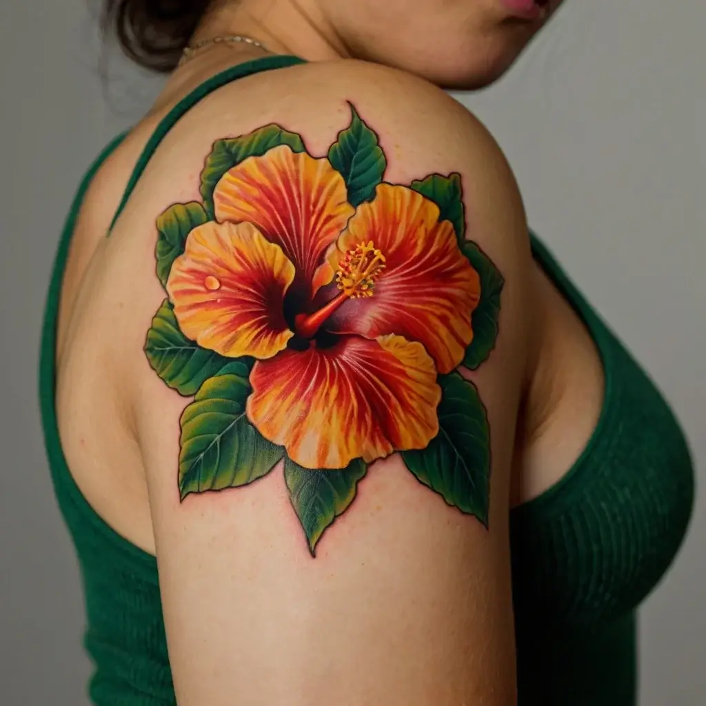 Colorful hibiscus tattoo on shoulder with vibrant orange petals and lush green leaves, showcasing intricate shading.