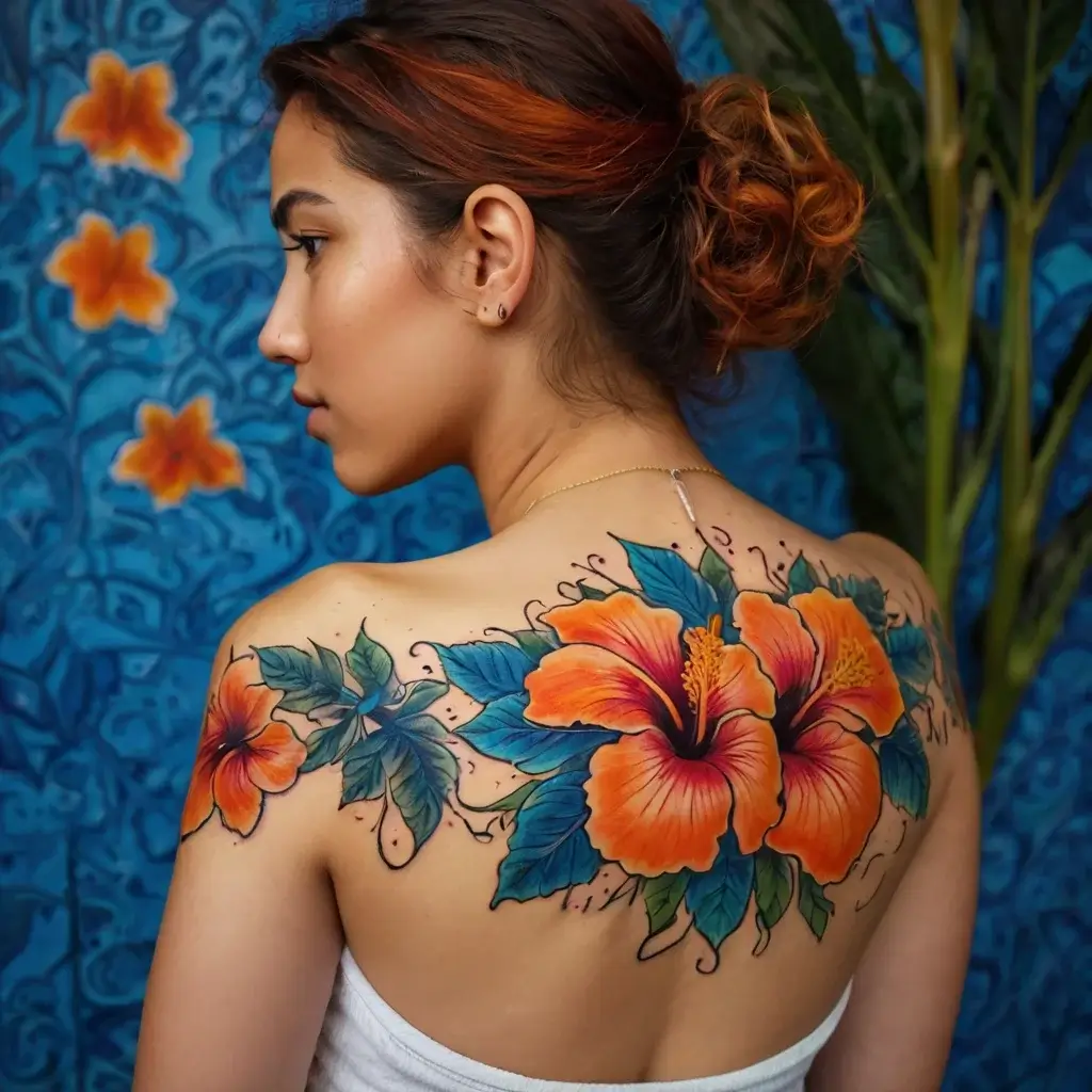 A vibrant tattoo of two orange hibiscus flowers with lush green leaves, elegantly spread across the upper back.