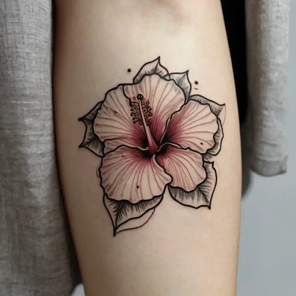 Hibiscus tattoo with bold outlines and soft pink shading, featuring detailed petals and stamen, accented by black dots.