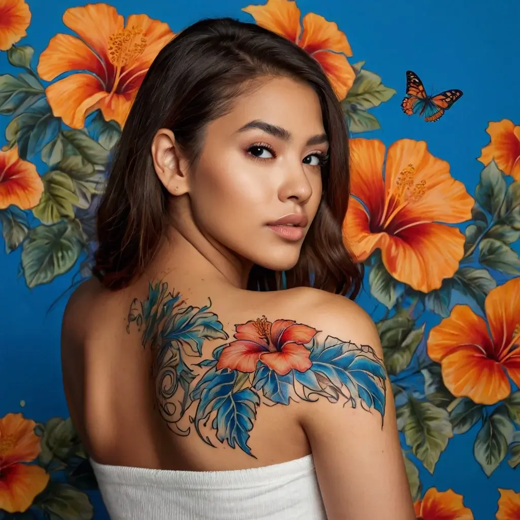 Colorful tattoo of orange hibiscus with blue leaves on shoulder, blending vibrant florals and intricate patterns.