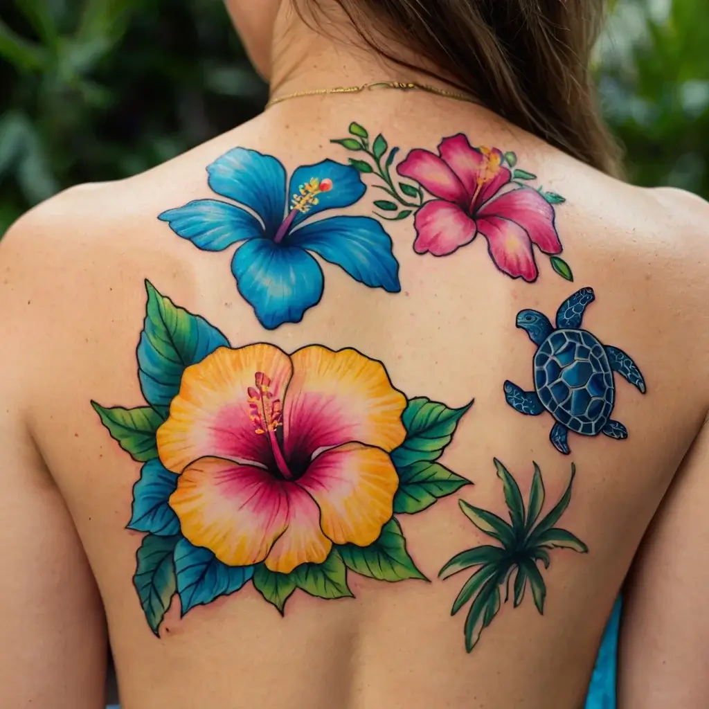 Colorful hibiscus flowers, palm leaves, and a small sea turtle tattooed on the back, evoking a tropical theme.