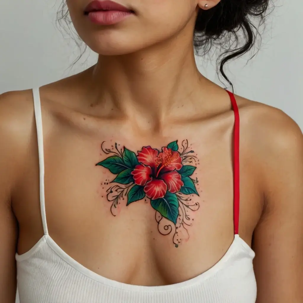 A vibrant hibiscus tattoo adorns the chest, with bold red petals, lush green leaves, and delicate swirling accents.