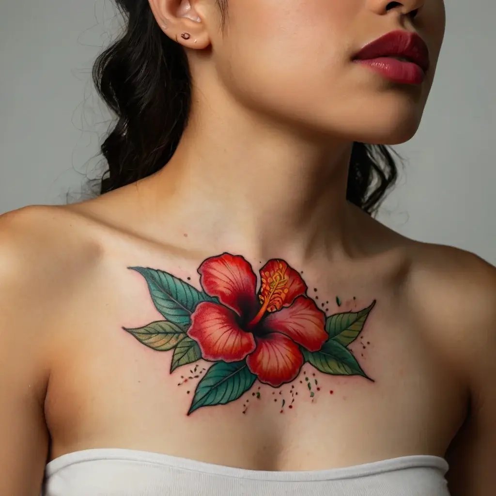 Colorful hibiscus tattoo on the chest, featuring vibrant red petals and detailed green leaves with shading and dots.