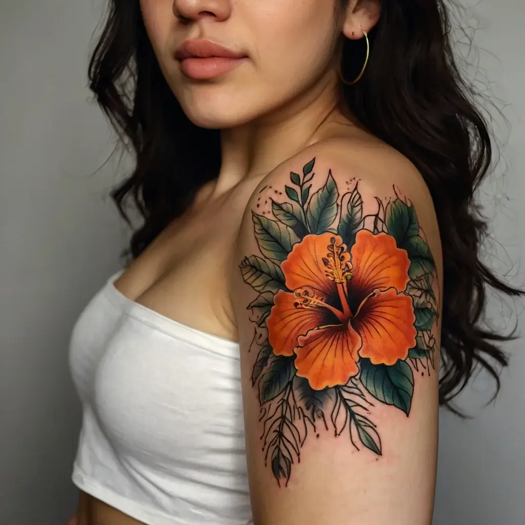 A vibrant orange hibiscus tattoo with lush green leaves, intricately detailed on the upper arm.