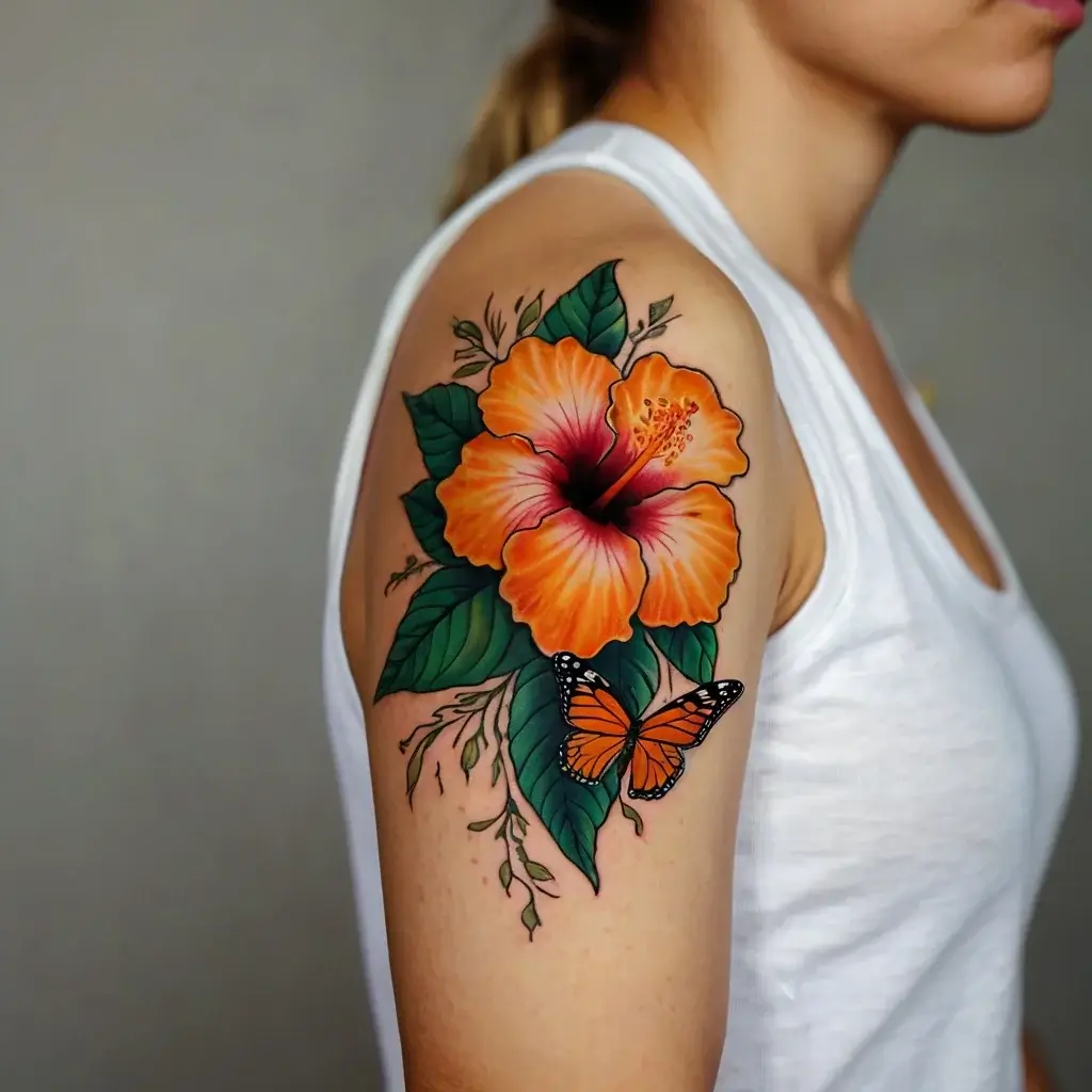 Vivid tattoo of an orange hibiscus with lush green leaves and a monarch butterfly on the upper arm, symbolizing beauty and transformation.