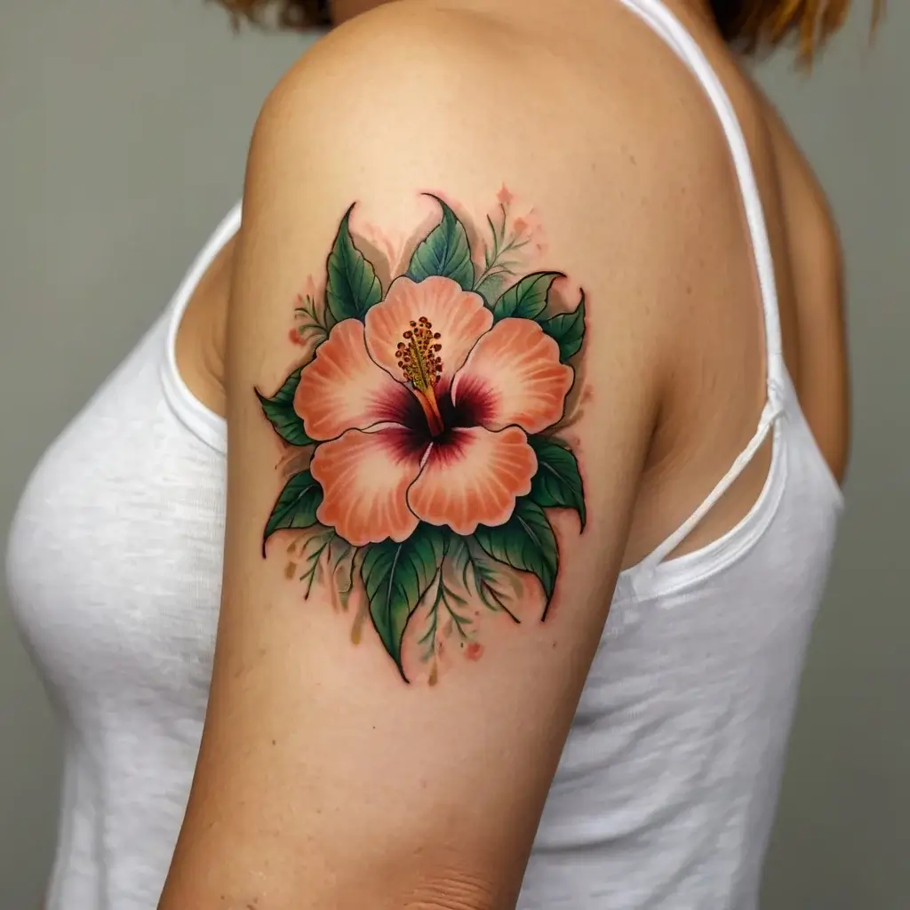 Detailed hibiscus tattoo in vibrant orange and green hues on upper arm, highlighting bold lines and delicate shading.