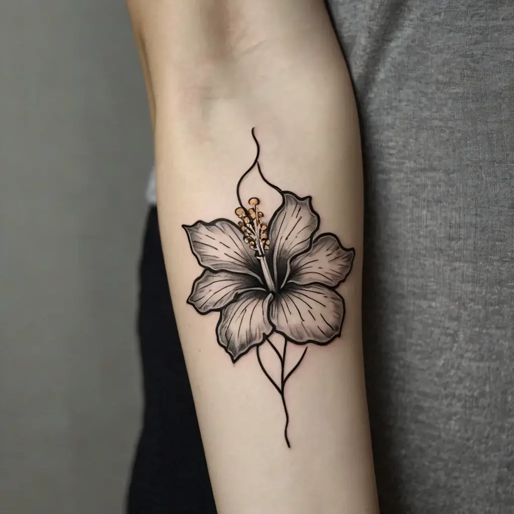 Elegant black and grey hibiscus tattoo with fine linework and subtle shading, accented by orange stamen details.