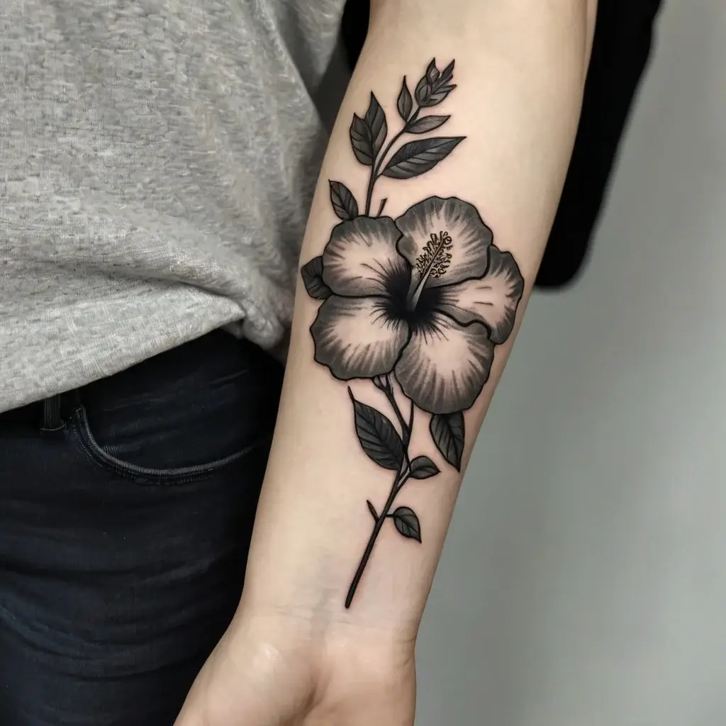 Black and grey hibiscus tattoo with detailed petals and leaves on forearm, showcasing elegant shading and linework.