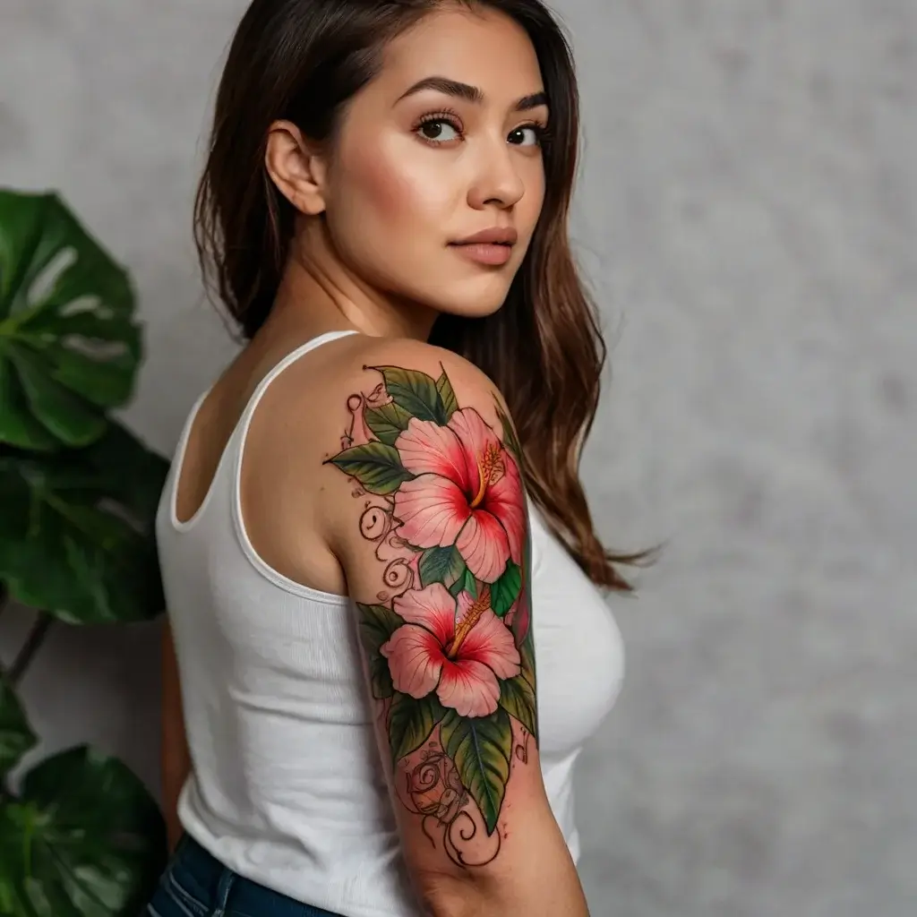 A vibrant tattoo of two pink hibiscus flowers with lush green leaves, accentuating the upper arm.