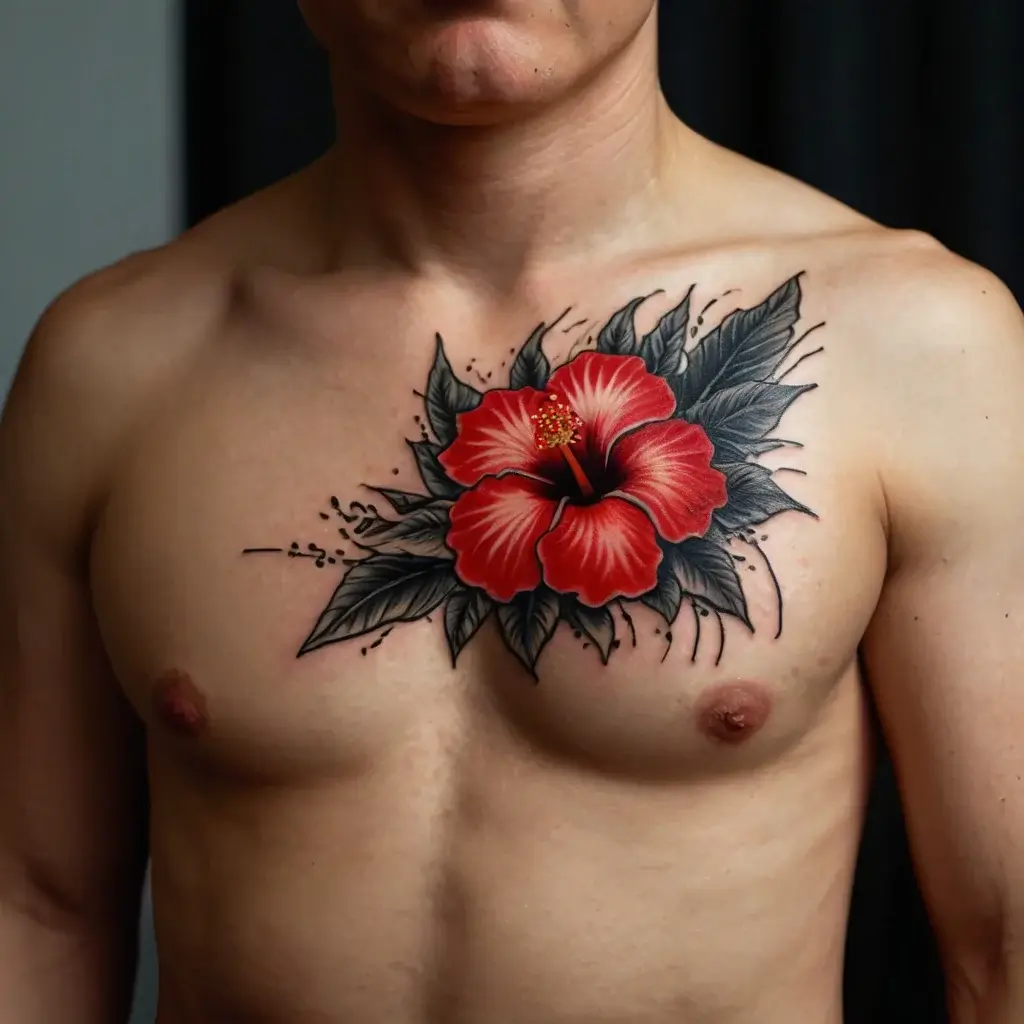 Chest tattoo of a vibrant red hibiscus flower with detailed shading, surrounded by dark green leaves and subtle black accents.