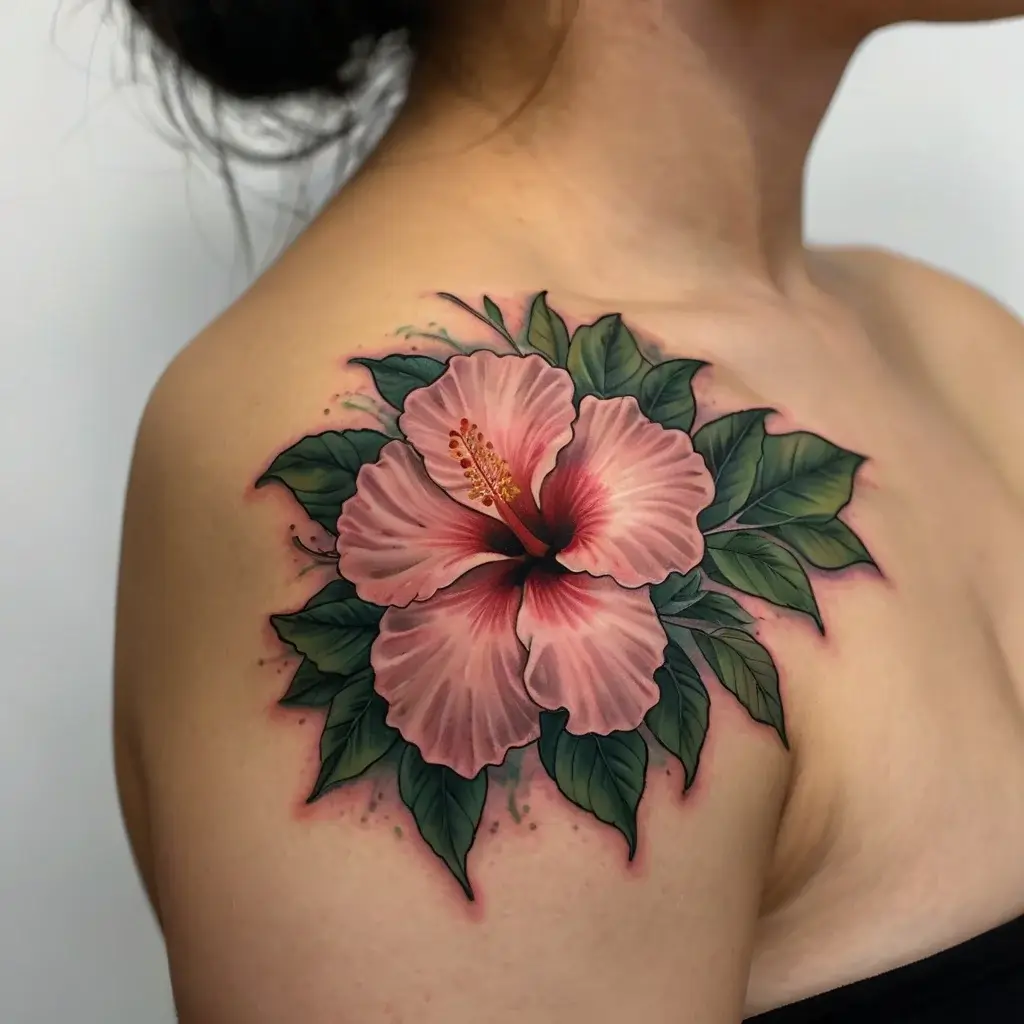 Realistic pink hibiscus tattoo on shoulder; detailed petals and green leaves, emphasizing natural beauty and elegance.