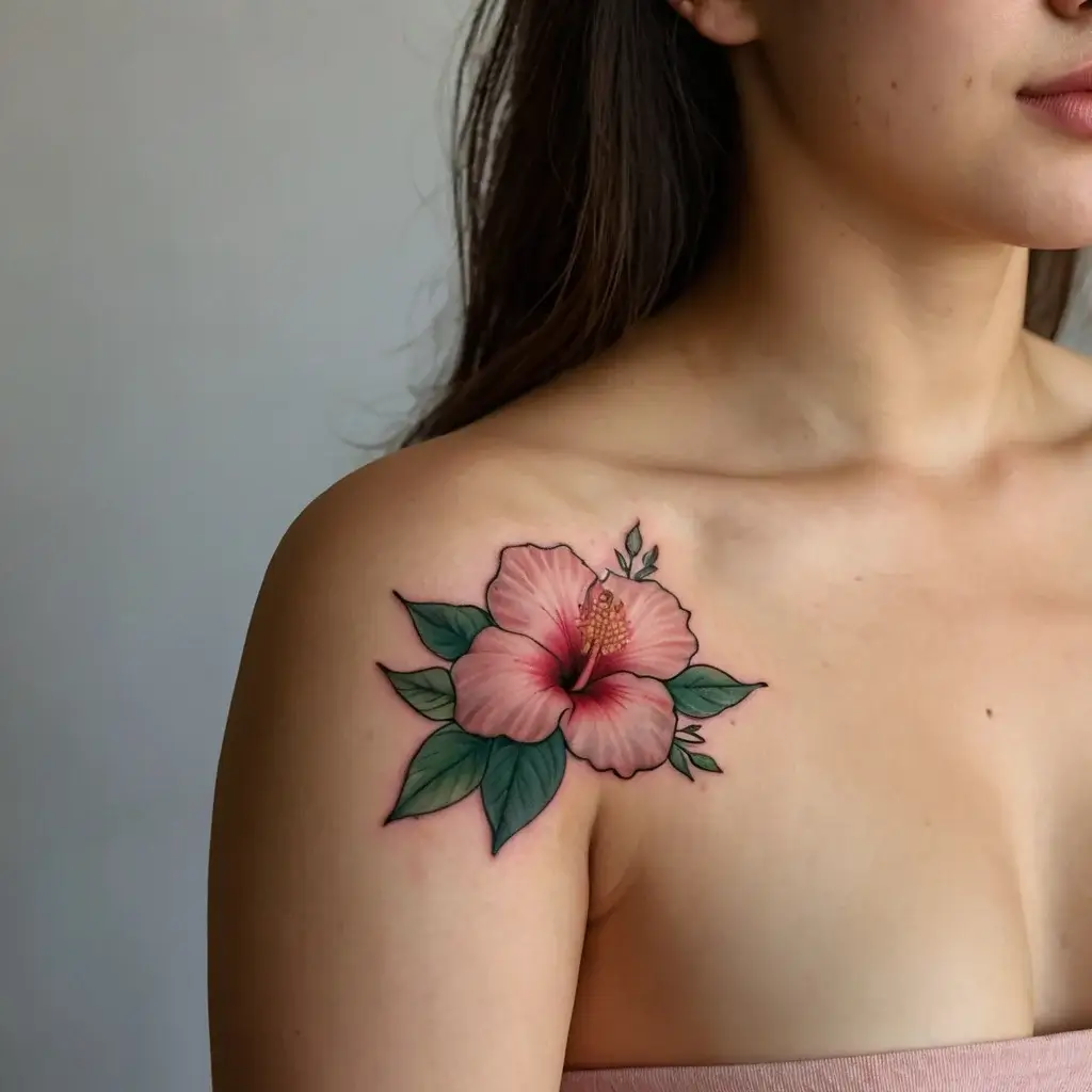 A realistic pink hibiscus tattoo with lush green leaves on a shoulder, highlighting vibrant colors and delicate detailing.