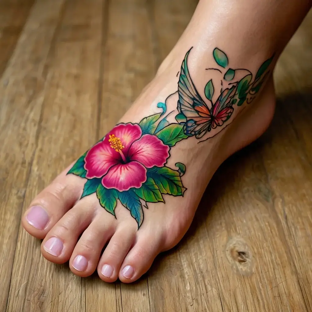 A vibrant tattoo of a pink hibiscus with green leaves and a colorful butterfly adorns the foot, blending nature and elegance.