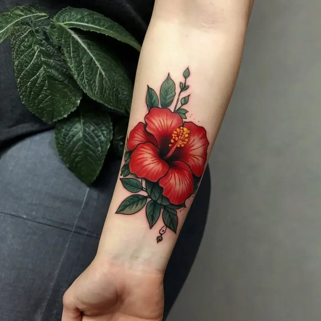 Vibrant red hibiscus tattoo on forearm with detailed green leaves; symbolizes beauty and exotic allure.