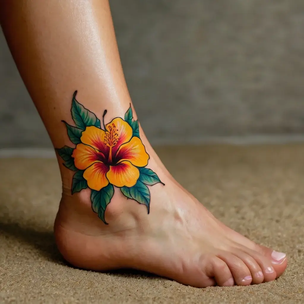 Colorful hibiscus tattoo design on the ankle, featuring vibrant orange petals and lush green leaves for a tropical vibe.