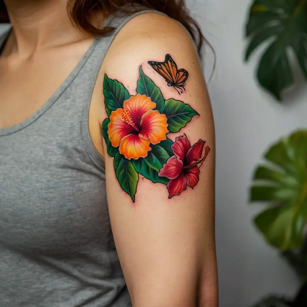 Vibrant tattoo of orange and red hibiscus flowers with green leaves, accented by a detailed monarch butterfly on the shoulder.