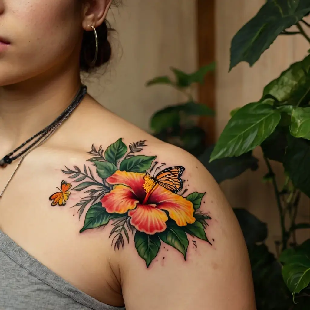 A vibrant hibiscus with lush leaves and two butterflies resting on the petals, intricately tattooed on a shoulder.