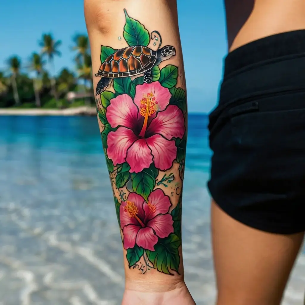 Colorful tattoo depicting a turtle above vibrant hibiscus flowers with lush green leaves, capturing a tropical vibe.