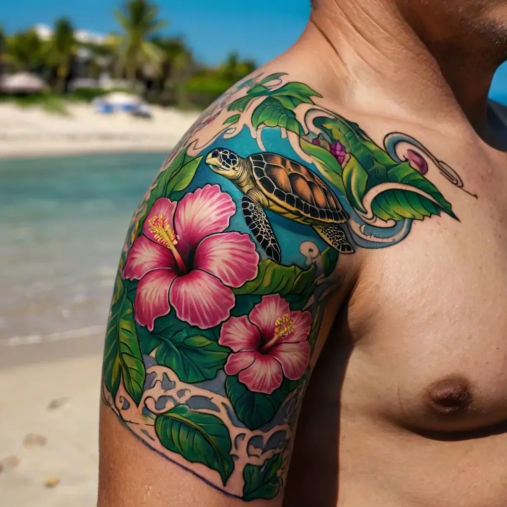 Tropical tattoo with hibiscus flowers and sea turtle on a shoulder, featuring vibrant greens, pinks, and intricate wave patterns.