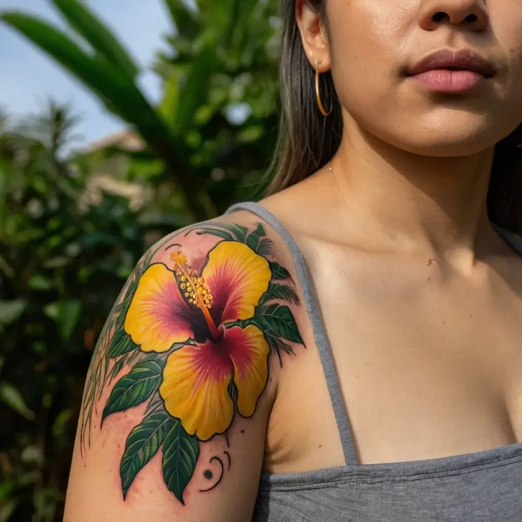 A vibrant tattoo of a yellow and pink hibiscus flower with lush green leaves on a woman's shoulder, symbolizing tropical beauty.