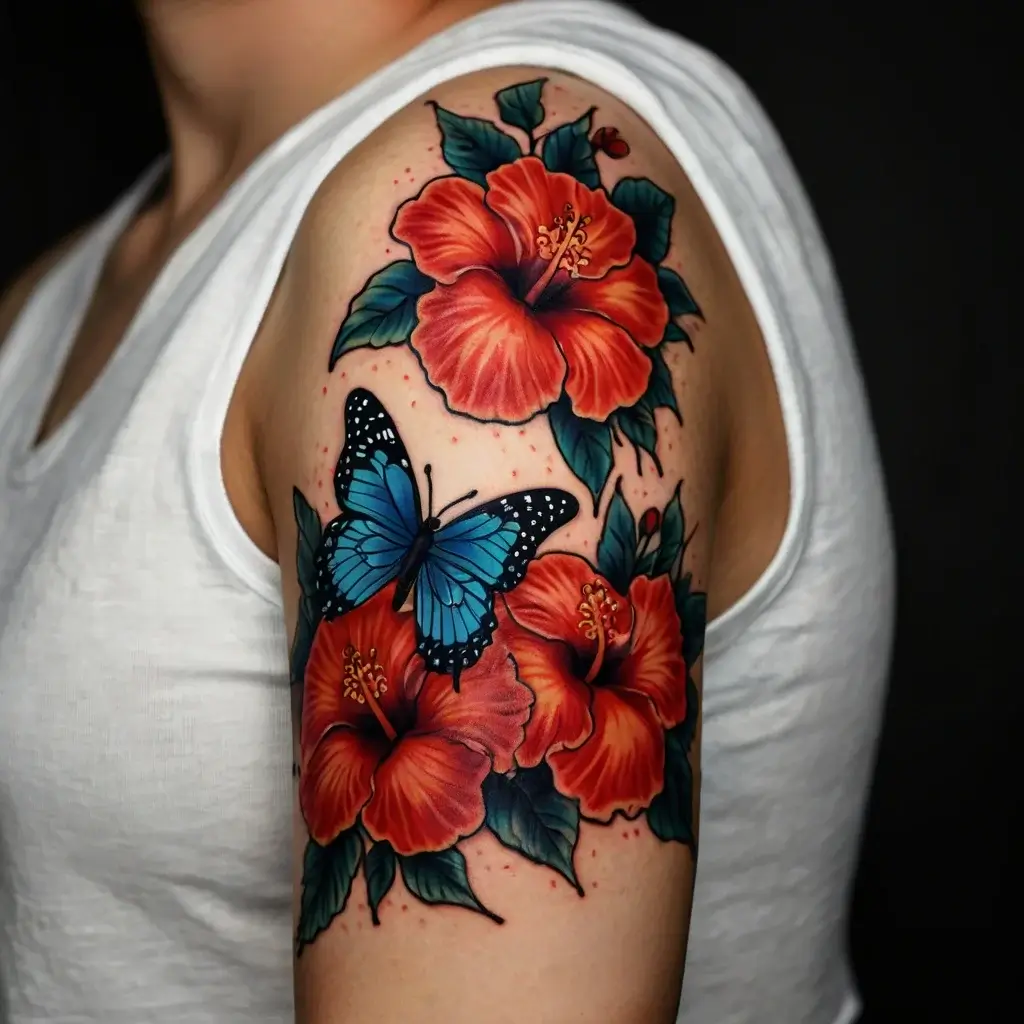 Vibrant tattoo of red hibiscus flowers with green leaves and a striking blue butterfly on an upper arm.