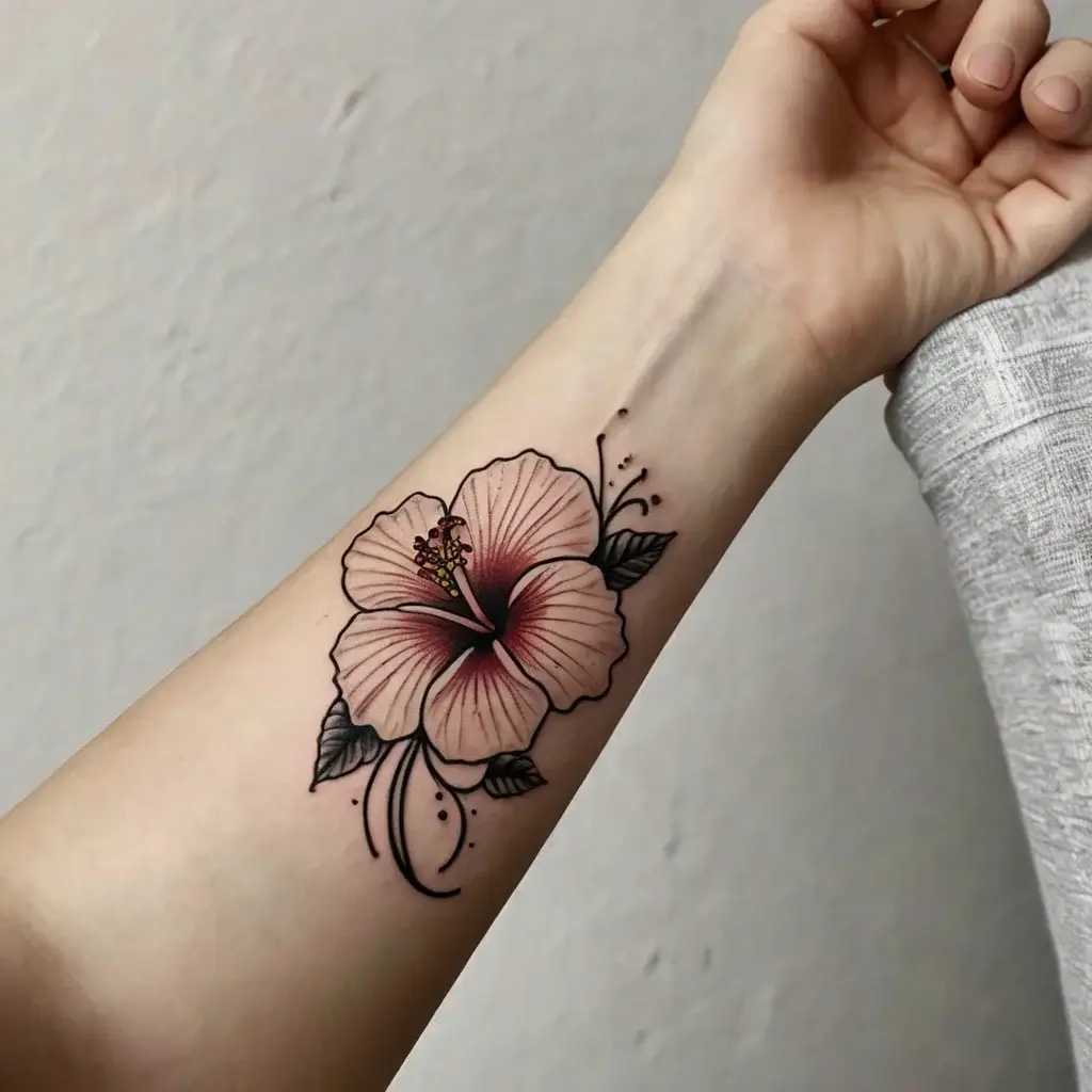 Delicate hibiscus tattoo on forearm, showcasing intricate linework and soft pink shading with subtle black accents.