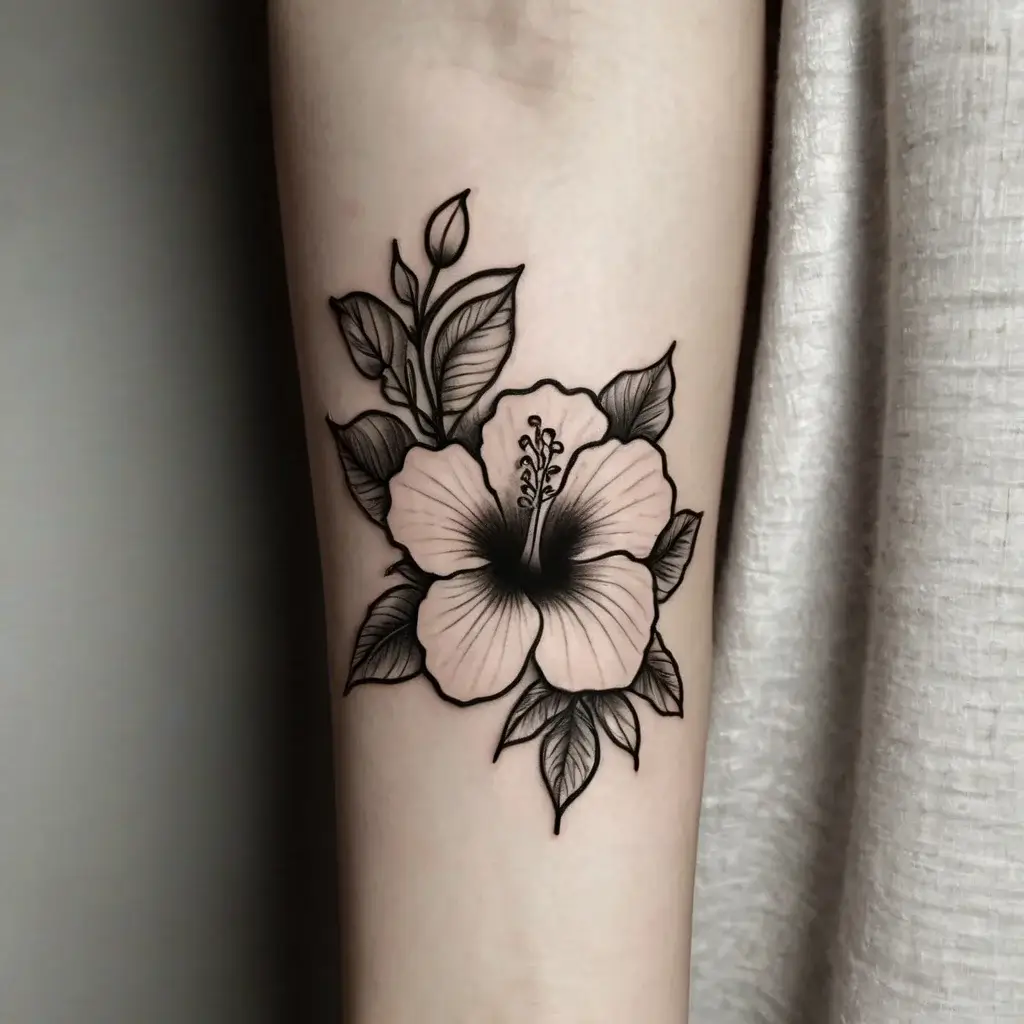 Black and gray hibiscus tattoo with leaves, featuring bold outlines and subtle shading on the inner arm.