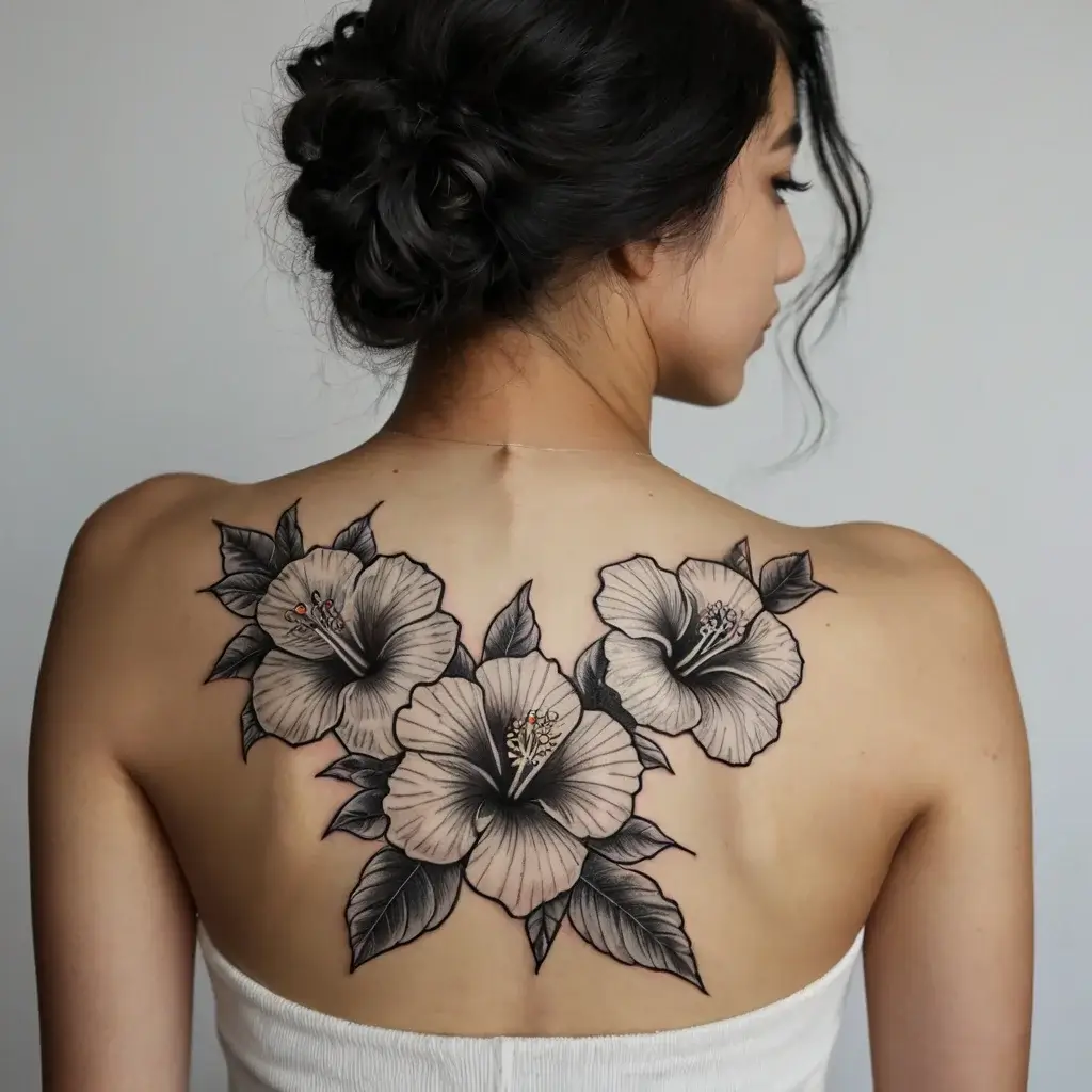 Back tattoo of three large hibiscus flowers, intricately shaded with bold outlines, surrounded by detailed leaves.