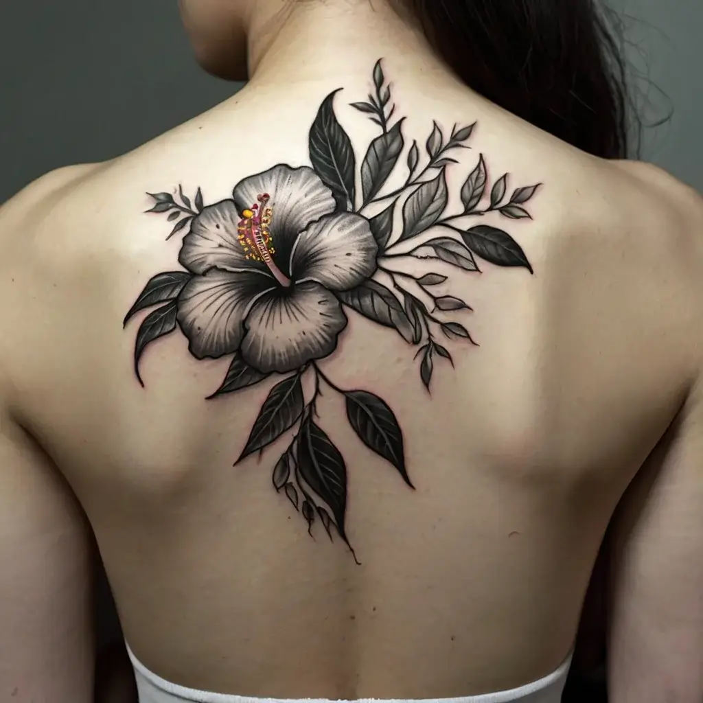 A black and gray hibiscus flower tattoo on the upper back, detailed shading defines petals and leaves for a bold look.