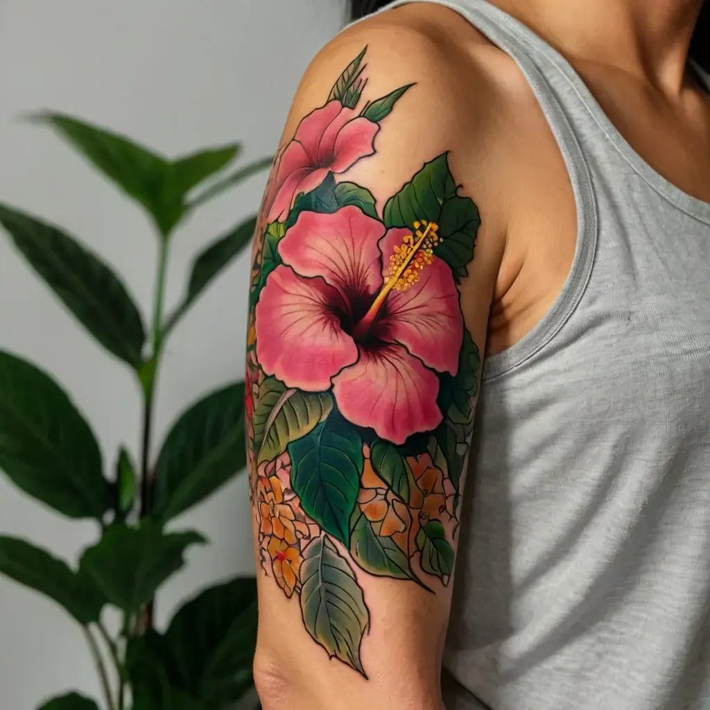 Colorful hibiscus tattoo on upper arm with vibrant pink petals, green leaves, and orange accents in realistic style.