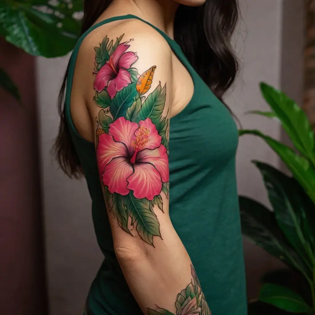 Vivid hibiscus tattoo with bold pink flowers and lush green leaves, extending from shoulder to mid-arm, in watercolor style.