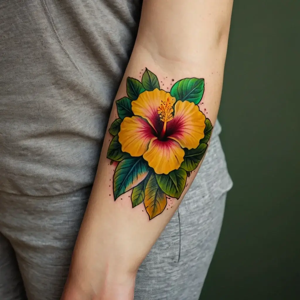 Vibrant tattoo of a yellow hibiscus with bold green leaves, featuring a red center, on the inner forearm.