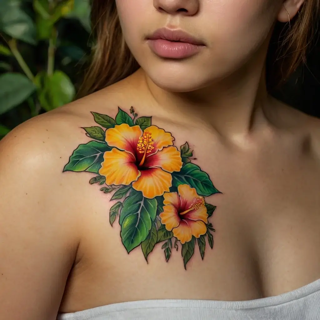 Vibrant hibiscus tattoo on shoulder, featuring bright orange flowers and lush green leaves with detailed shading.