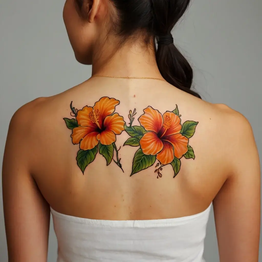 Two vibrant orange hibiscus flowers with lush green leaves tattooed on a woman's upper back.