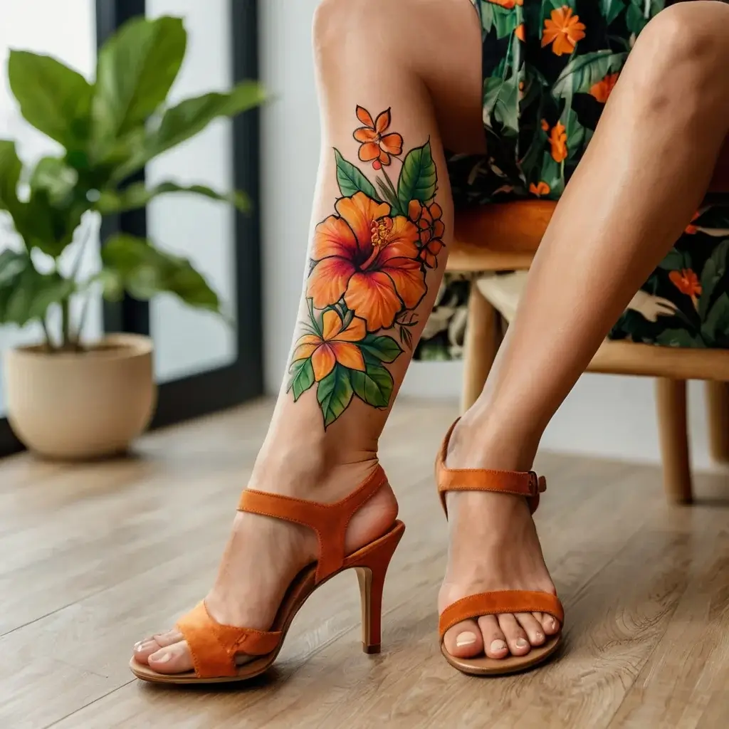 Leg tattoo featuring vibrant orange hibiscus flowers, lush green leaves, and a floral dress.