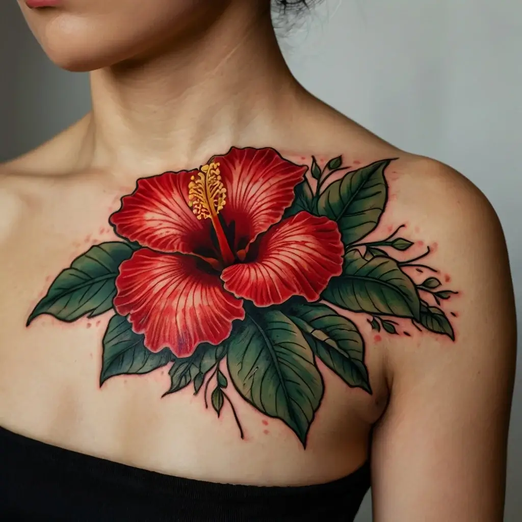 Tattoo of a vibrant red hibiscus flower with green leaves on the shoulder, showcasing detailed petals and stamens.